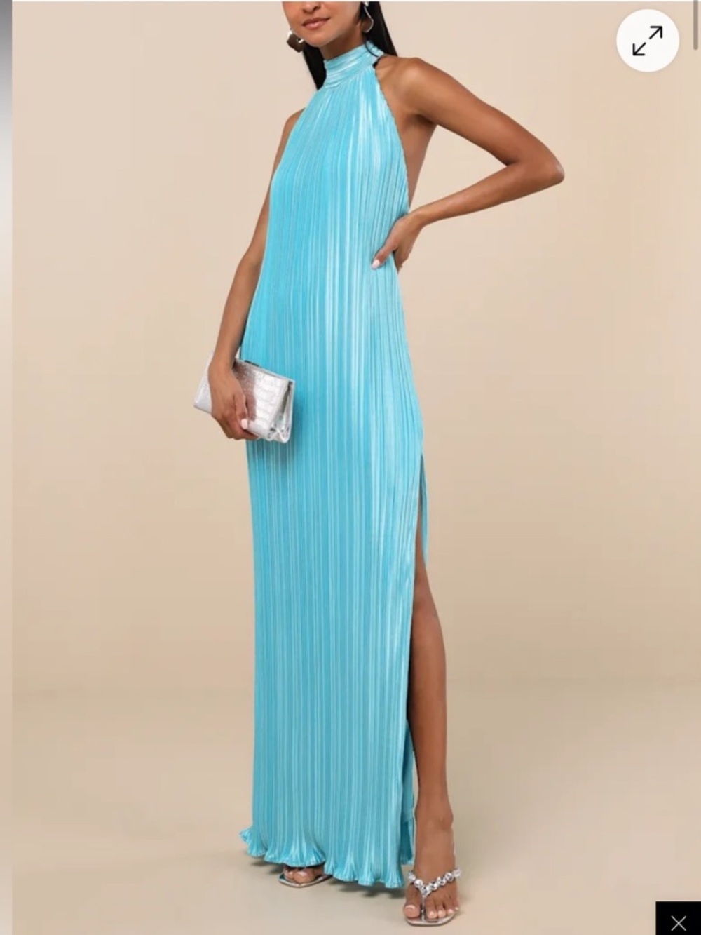 Lulus Gwenny Bright Aqua Blue Satin Plisse Maxi Dress High Neckline Size Large